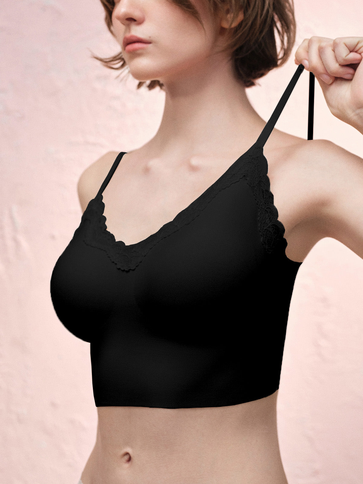 Basic Seamless Lace-Trimmed V-Neck Camisole Bra Top - Smart Size