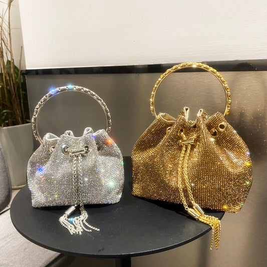 Bolsa Feminina Saquinho Strass Prata - Frete Grátis