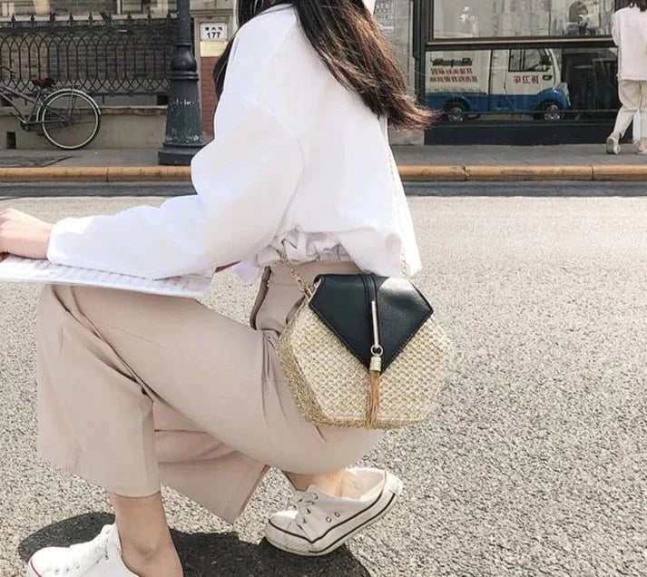 Bolsa Transversal de Palha Hexagonal - Frete Grátis