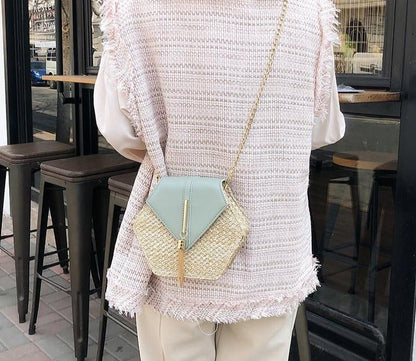 Bolsa Transversal de Palha Hexagonal - Frete Grátis